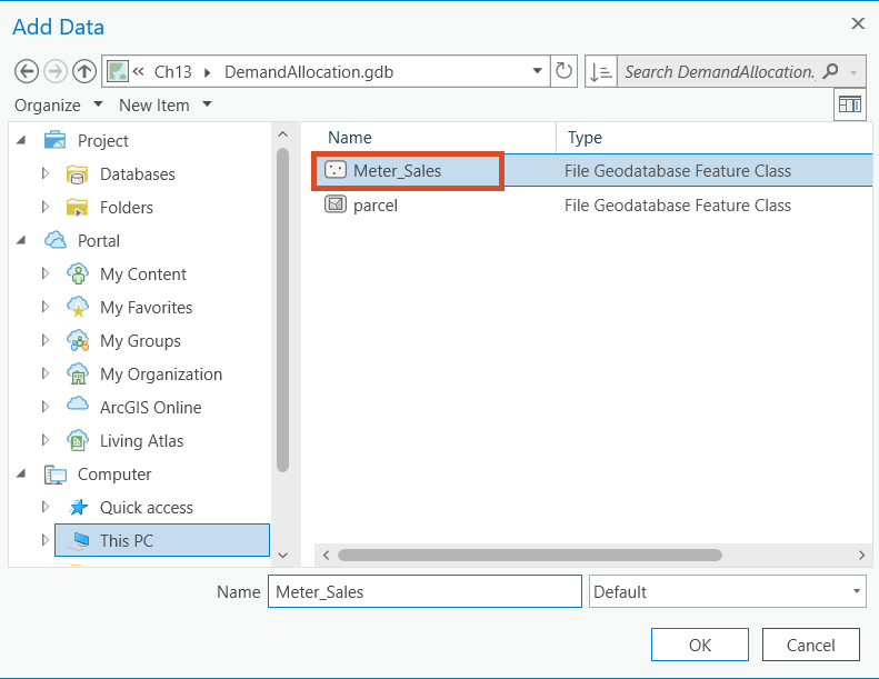 The Add Data window with the Meter_Sales shapefile selected and highlighted