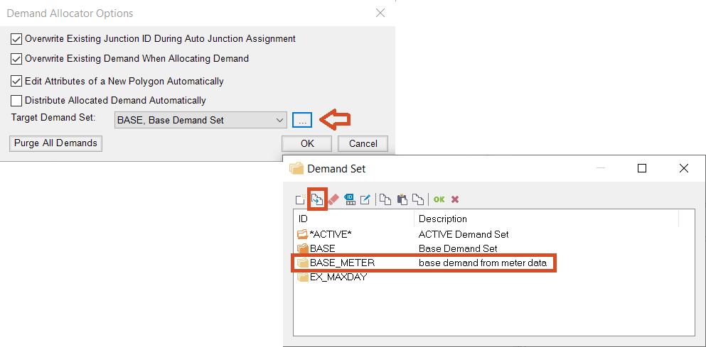 The Demand Allocator Options dialog box, with browse highlighted to open the corresponding Demand Set window.