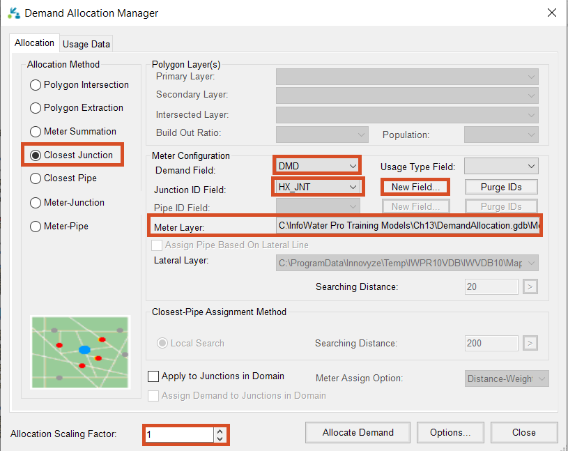 The Demand Allocation Manager, with settings for this Closest Junction allocation.