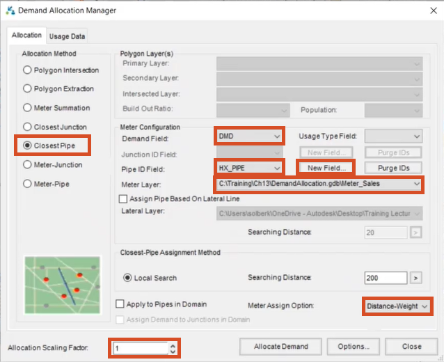 The Demand Allocation Manager, with settings for this Closest Pipe allocation.