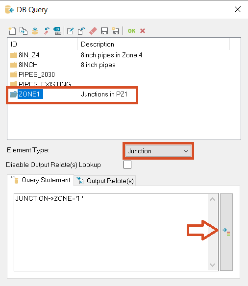 The DB Query dialog box, with the junctions for Zone 1 selected.