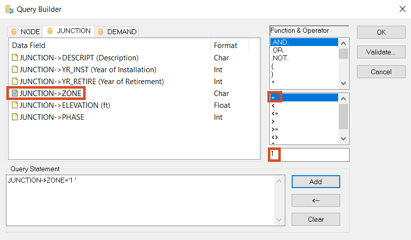 The Query Builder displaying the query for adding junctions in Zone 1.