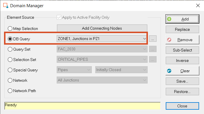 The Domain Manager, with the newly created DB query for Zone 1 selected.