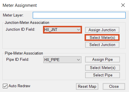 The Meter Assignment dialog box, with the desired junction settings highlighted.