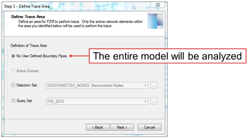 The Step 1 page of the PZM Wizard, where the trace area is defined as either the entire model or only part of the model.