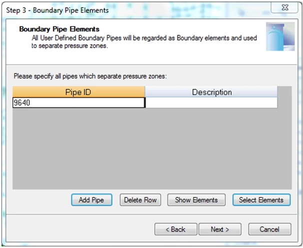 The Step 3 page of the PZM Wizard, where boundary pipe elements can be specified.