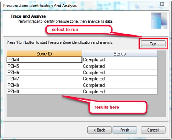 The last page of the PZM Wizard, with the Run button and results areas highlighted.