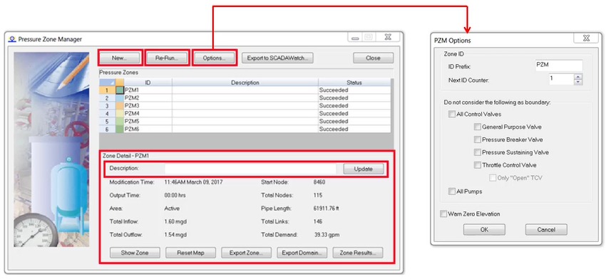 The Pressure Zone Manager displaying analysis results, with highlighted options and areas of interest.