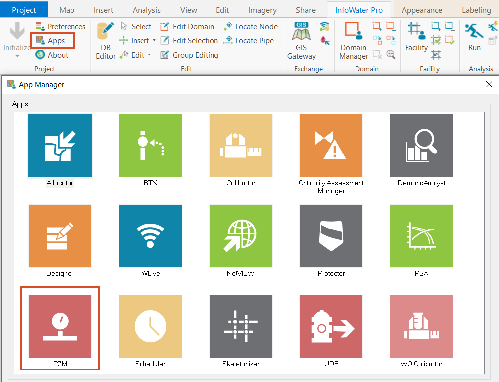 The InfoWater Pro Project panel with Apps highlighted and the App Manager with PZM highlighted