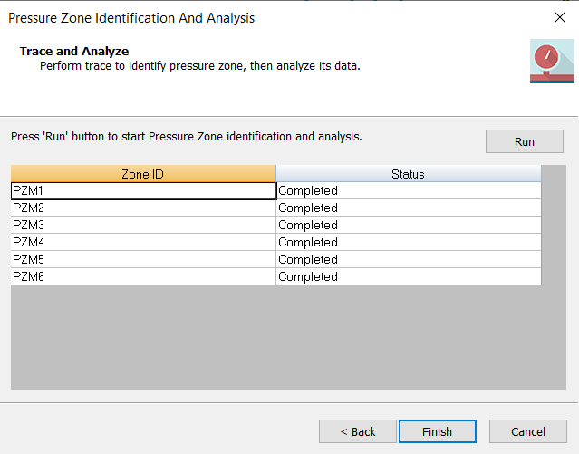 The Pressure Zone Identification And Analysis window, displaying the six resulting pressure zones.