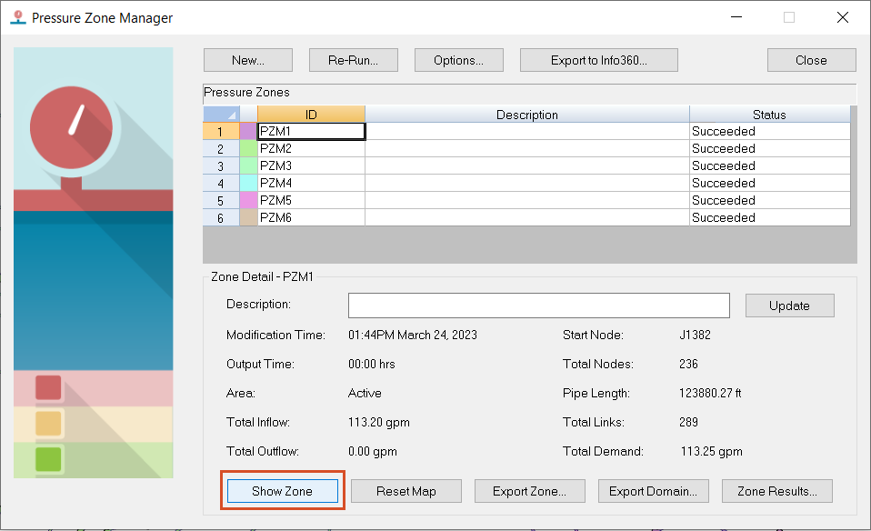 The Pressure Zone Manager window, with Show Zone highlighted.