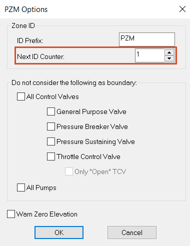 The PZM Options dialog box with Next ID Counter set to 1.