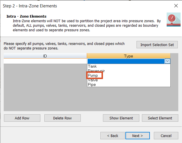 The Step 2 page of the PZM Wizard with Pump selected as the Type.