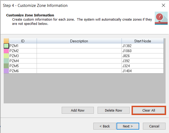 Step 4 of the PZM Wizard, showing the color codes and start nodes for each zone ID, with Clear All highlighted.