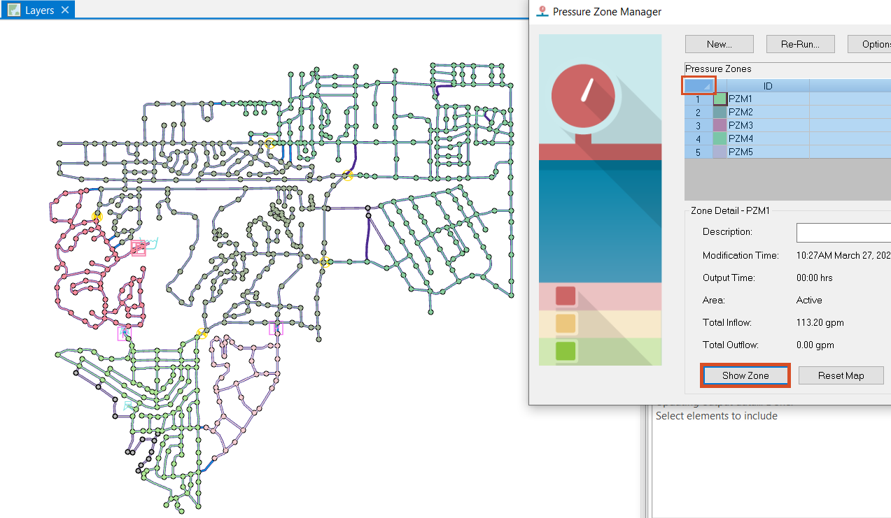 Pressure Zone Manager with all zones selected and Show Zone highlighted with resulting color-coded network map