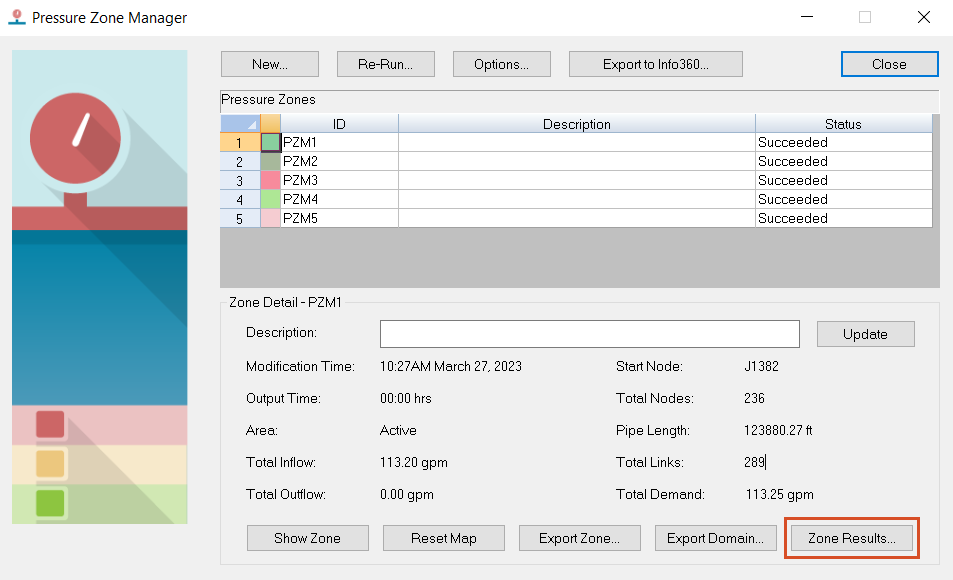 The Pressure Zone Manager results window. with Zone Results highlighted.