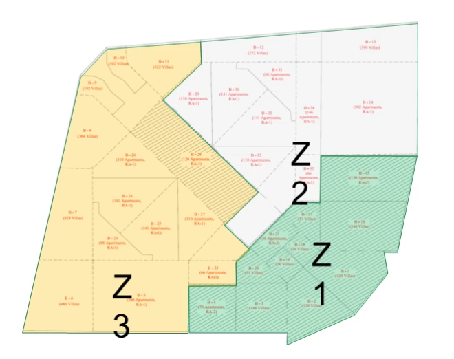 A sample pressure zone map, with three differently colored areas demarcated into separate zones and labeled Z1, Z2, and Z3.