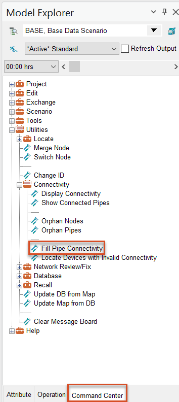 In the Model Explorer, the Command Center tab and the Fill Pipe Connectivity tool highlighted in red.