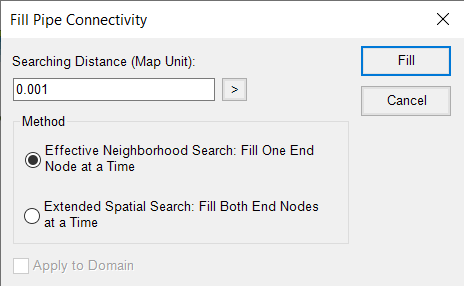 The Fill Pipe Connectivity dialog box, with the Searching Distance and Method set for this example.