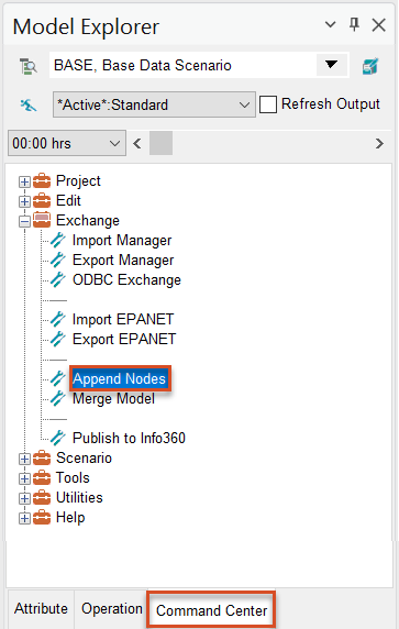 In the Model Explorer, the Command Center tab and the Append Nodes tool highlighted in red.