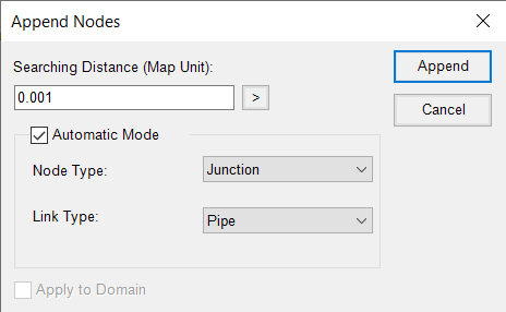 The Append Nodes dialog box, with a Searching Distance entered and the Node Type set to Junction.