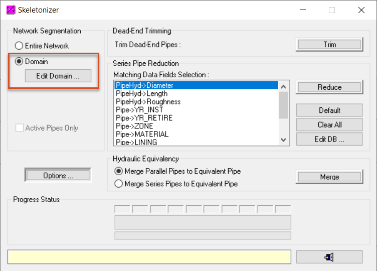 The Skeletonizer dialog box, with the Domain option and the Edit Domain button highlighted in red.