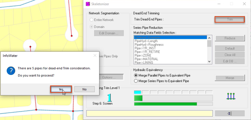 The Skeletonizer, with Trim highlighted in red, and the confirmation popup, with Yes selected and highlighted in red.