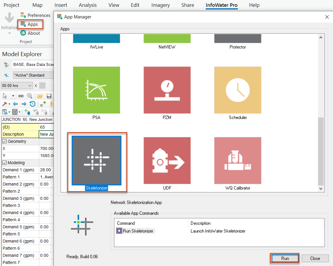 On the InfoWater Pro ribbon, Project panel, Apps highlighted in red, and in the App Manager, the Skeletonizer app and Run highlighted in red.