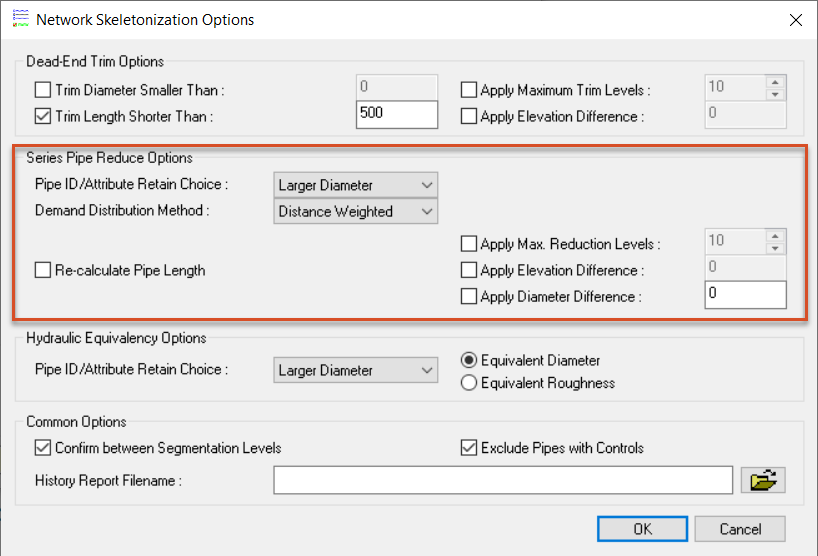 The Network Skeletonization Options dialog box, with the Series Pipe Reduce Options highlighted in red.