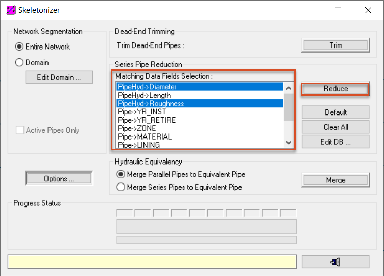 In the Skeletonizer dialog box, under Series Pipe Reduction, Matching Data Fields Selection highlighted in red, and Reduce also highlighted in red.