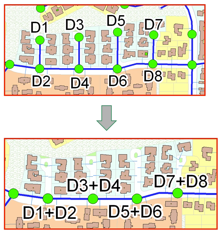 Before and after images of a hydraulic model illustrate network trimming, with dead-end pipes trimmed and demand reallocated to upstream nodes after skeletonization.