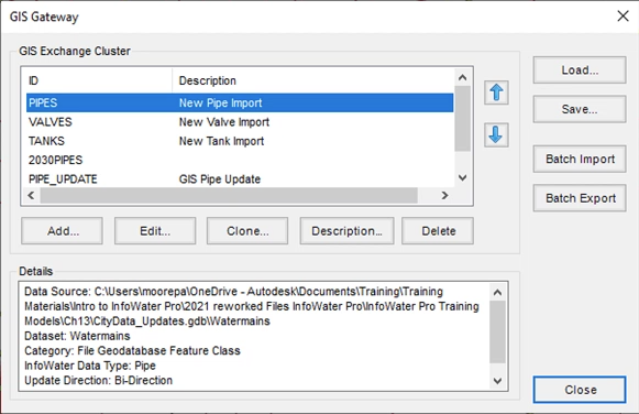 The GIS Gateway dialog box, with a list of saved GIS Exchange Clusters, and under Details, information about the selected Exchange Cluster.