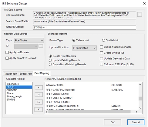 The GIS Exchange Cluster dialog box, including a WHERE Clause field and other data transfer options.