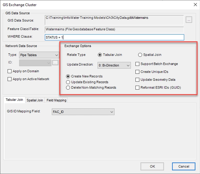 The GIS Exchange Cluster dialog box, with Exchange Options outlined in red to highlight the four different cluster options.