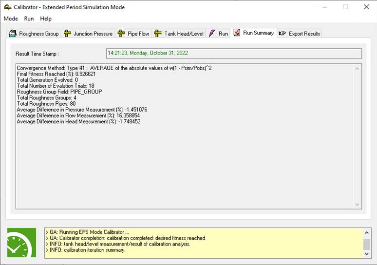 The Calibrator app, Run Summary tab, with a summary of output results for an extended period simulation.