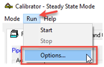 The zoomed-in corner of the Calibrator app in Steady State Mode, with the Run menu expanded, and Options selected and highlighted in red.