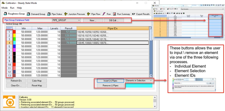 The Calibrator in Steady State Mode, Roughness Group tab, with an arrow connecting the Pipe Group Database Field to the corresponding column in the open DB Editor; and another arrow connecting the buttons for inputting or removing an element to a description box listing related processes.