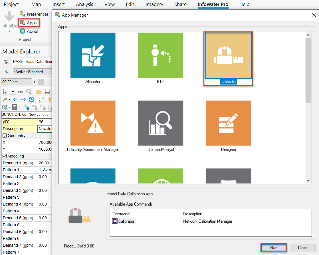 Apps highlighted in red on the InfoWater Pro ribbon; and the open App Manager, with the Calibrator and Run highlighted in red.