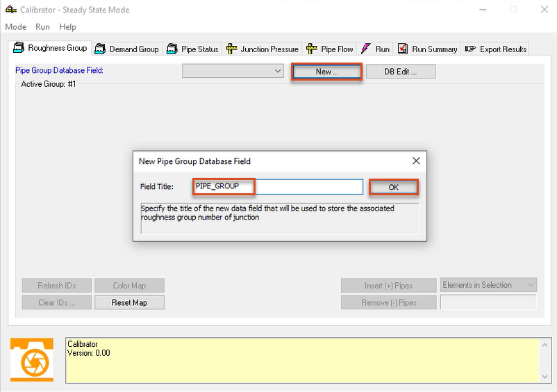 The Calibrator app, Roughness Group tab, with New highlighted in red; and in the New Pipe Group Database Field popup, the Field Title for this example and OK highlighted in red.