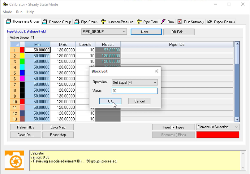 In the Calibrator app, Roughness Group tab, the Min column selected, and in the Block Edit dialog box, settings configured for this example and OK selected.