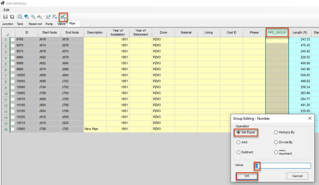 In the Edit Attribute dialog box, the Block Editing button and the PIPE_GROUP column heading highlighted in red, and in the Group Editing dialog box, settings configured for this example and highlighted in red.