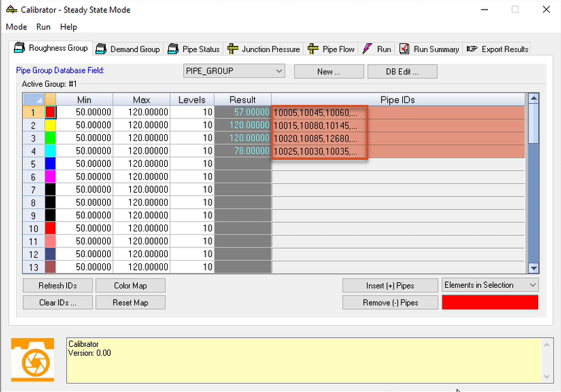 The Calibrator app, Roughness Group tab, with Pipe IDs in the first four rows populated and highlighted in red.