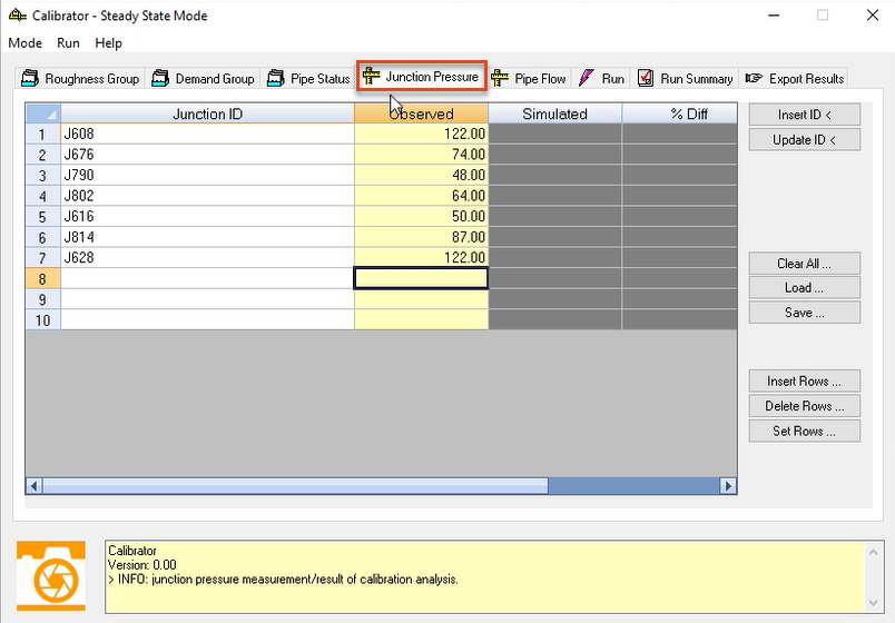 The Calibrator app, Junction Pressure tab, with Junction ID and Observed values added for this example.