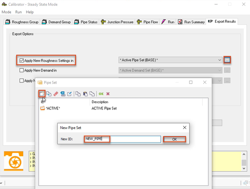 The Calibrator app, Export Results tab, with Browse (…) and the enabled Apply New Roughness Settings in option highlighted in red; the Pipe Set dialog box with New highlighted; and in the New Pipe Set popup, the New ID and OK highlighted in red.