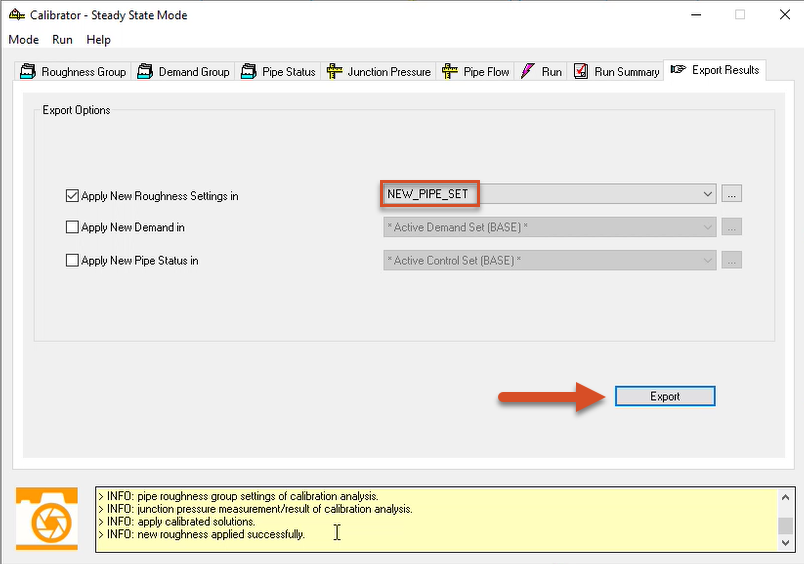 In the Calibrator app, Export Results tab, NEW_PIPE_SET selected in the drop-down and highlighted in red, and the Export button called out with a red arrow.