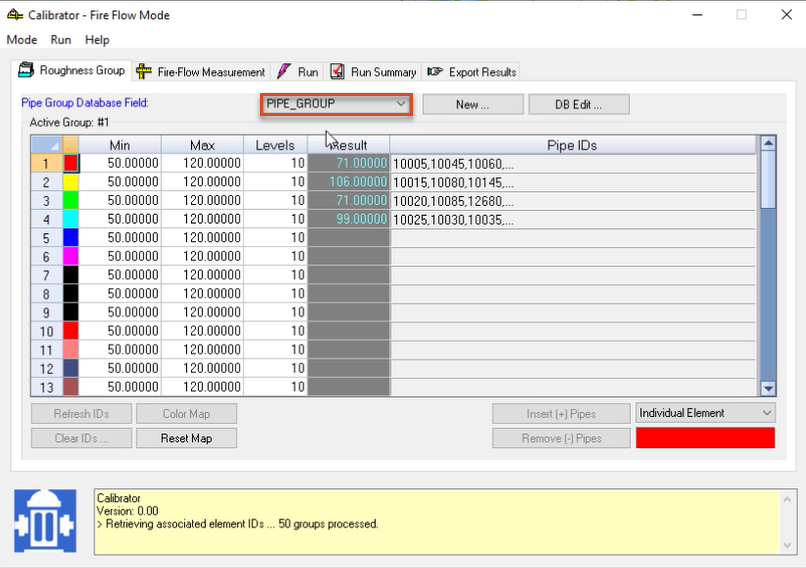 The Calibrator app, Roughness Group tab, with PIPE_GROUP selected and highlighted in red as the database for this example.