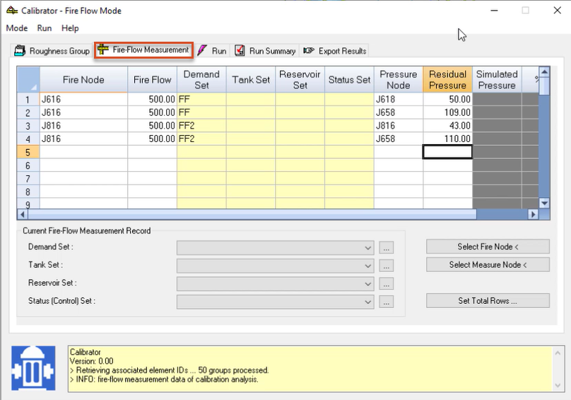 The Calibrator app, Fire-Flow Measurement tab, with values entered in the first four rows for this example.