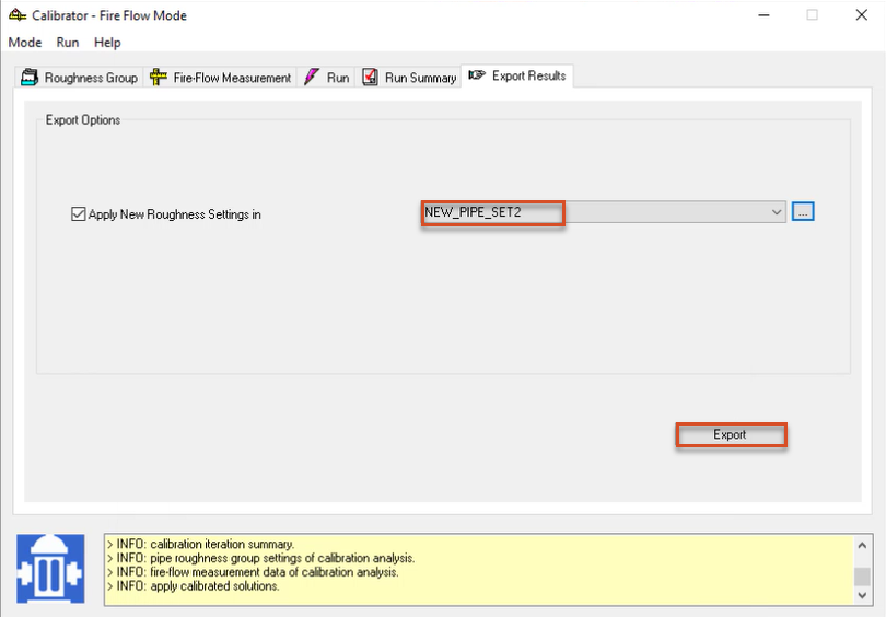 The Calibrator app, Export Results tab, with NEW_PIPE_SET2 and the Export button highlighted in red.