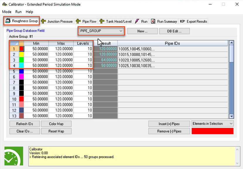 In the Calibrator app, the Roughness Group tab highlighted, PIPE_GROUP highlighted in red as the database, and values in the first 4 rows set for this example and highlighted.