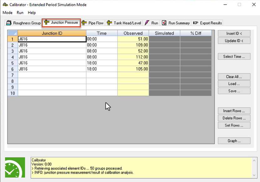 In the Calibrator app, the Junction Pressure tab highlighted, with values entered in the first 6 rows for this example.